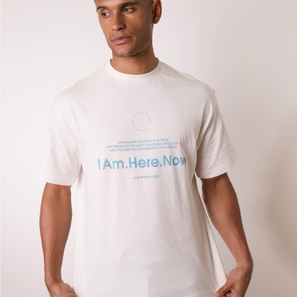 Active After Coffee “Here Now” White Graphic Tee Shirt - Size Large NEW